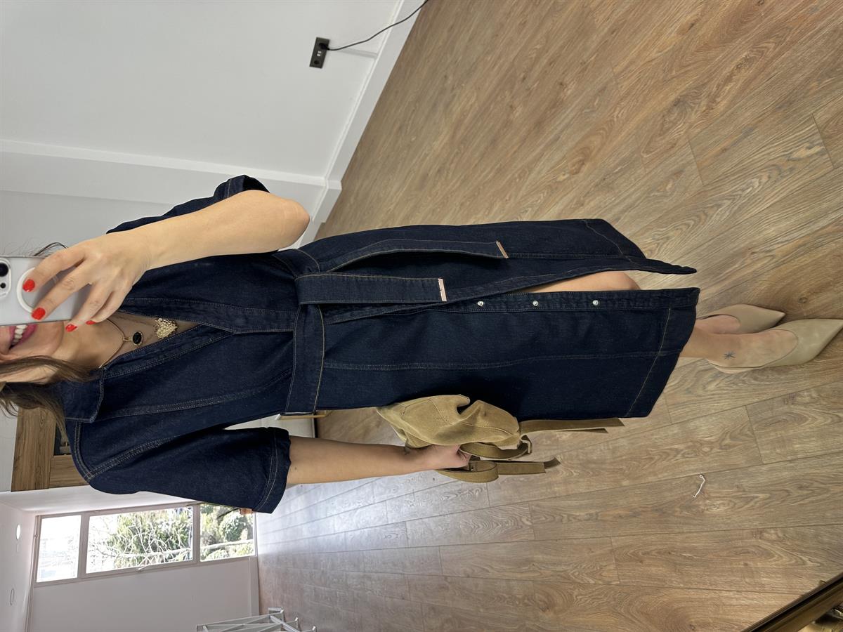 Beli Kuşaklı Denim Midi Elbise 