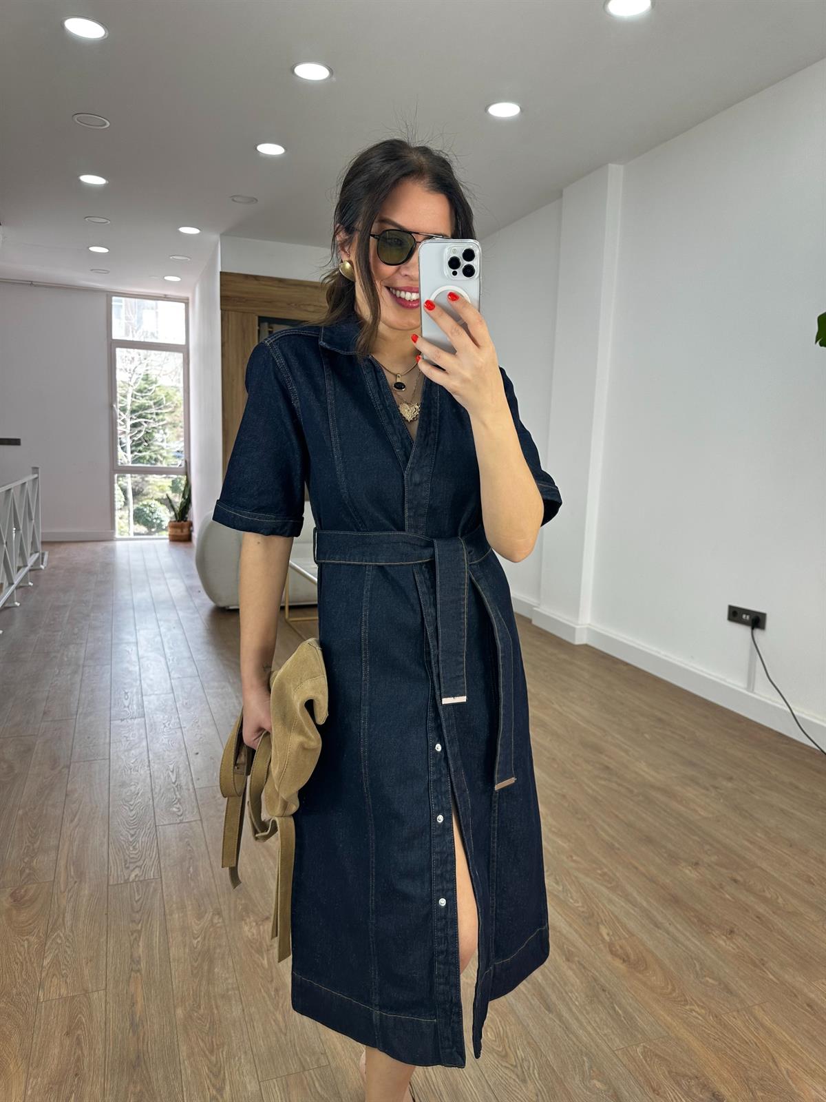 Beli Kuşaklı Denim Midi Elbise 