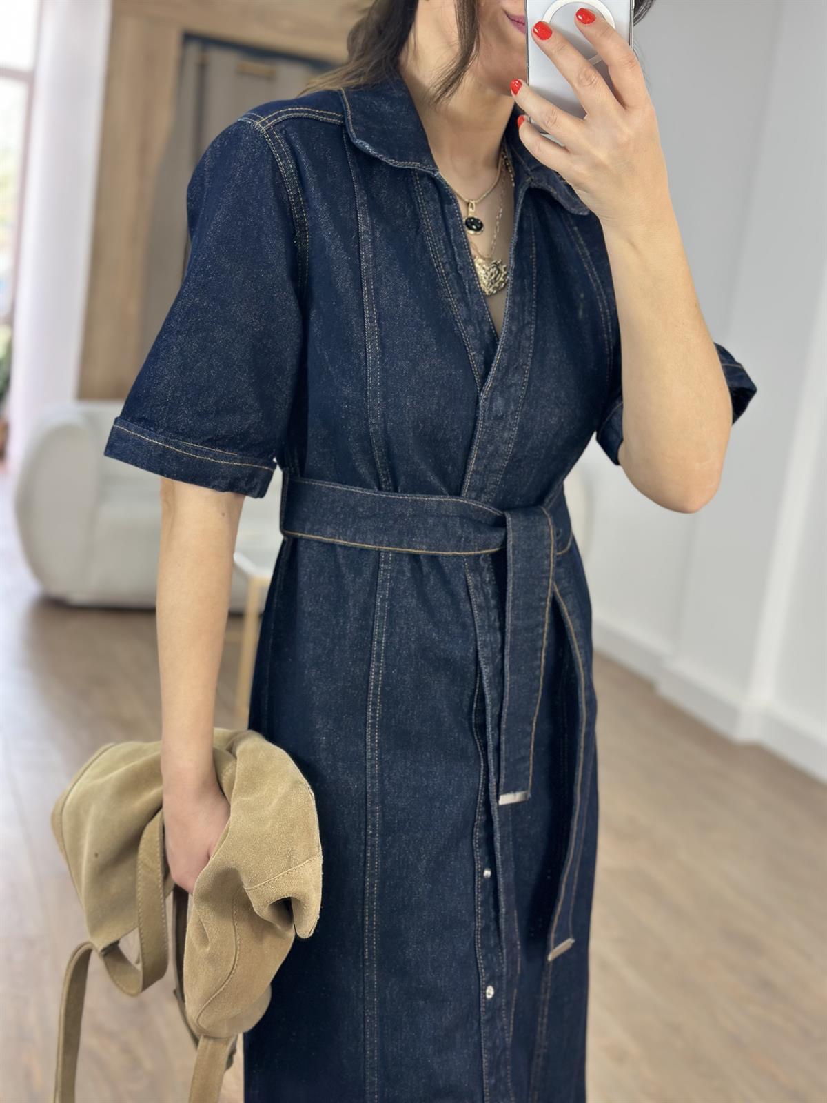 Beli Kuşaklı Denim Midi Elbise 