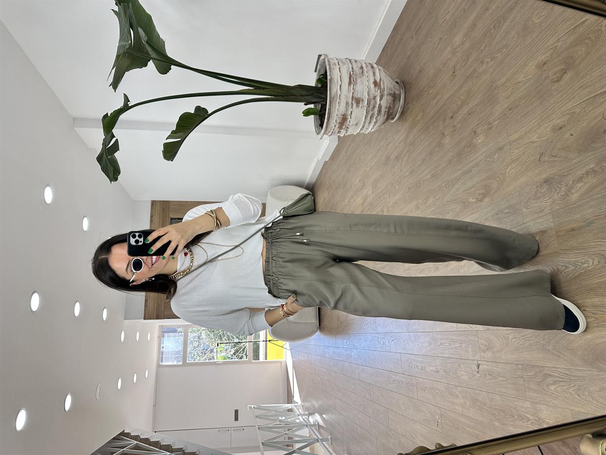 Beli Kemerli Bol Paça Modal Pantolon-Haki