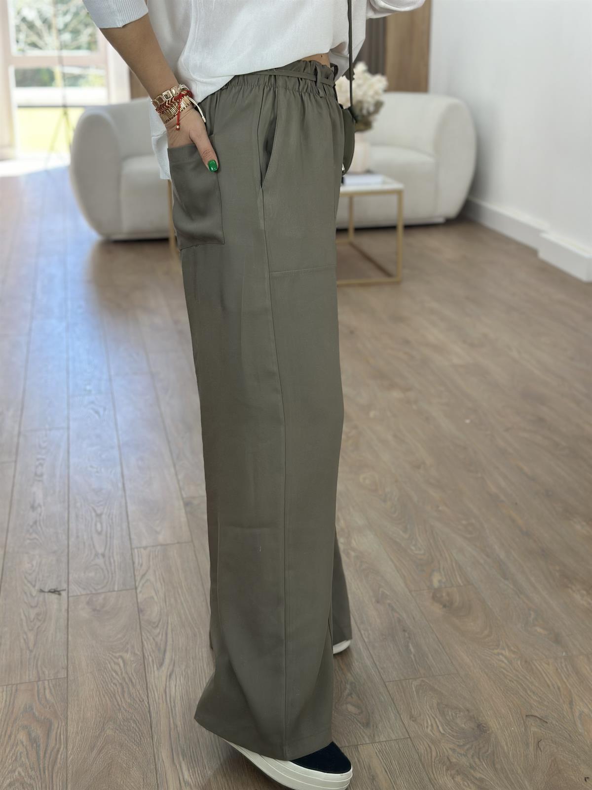 Beli Kemerli Bol Paça Modal Pantolon-Haki