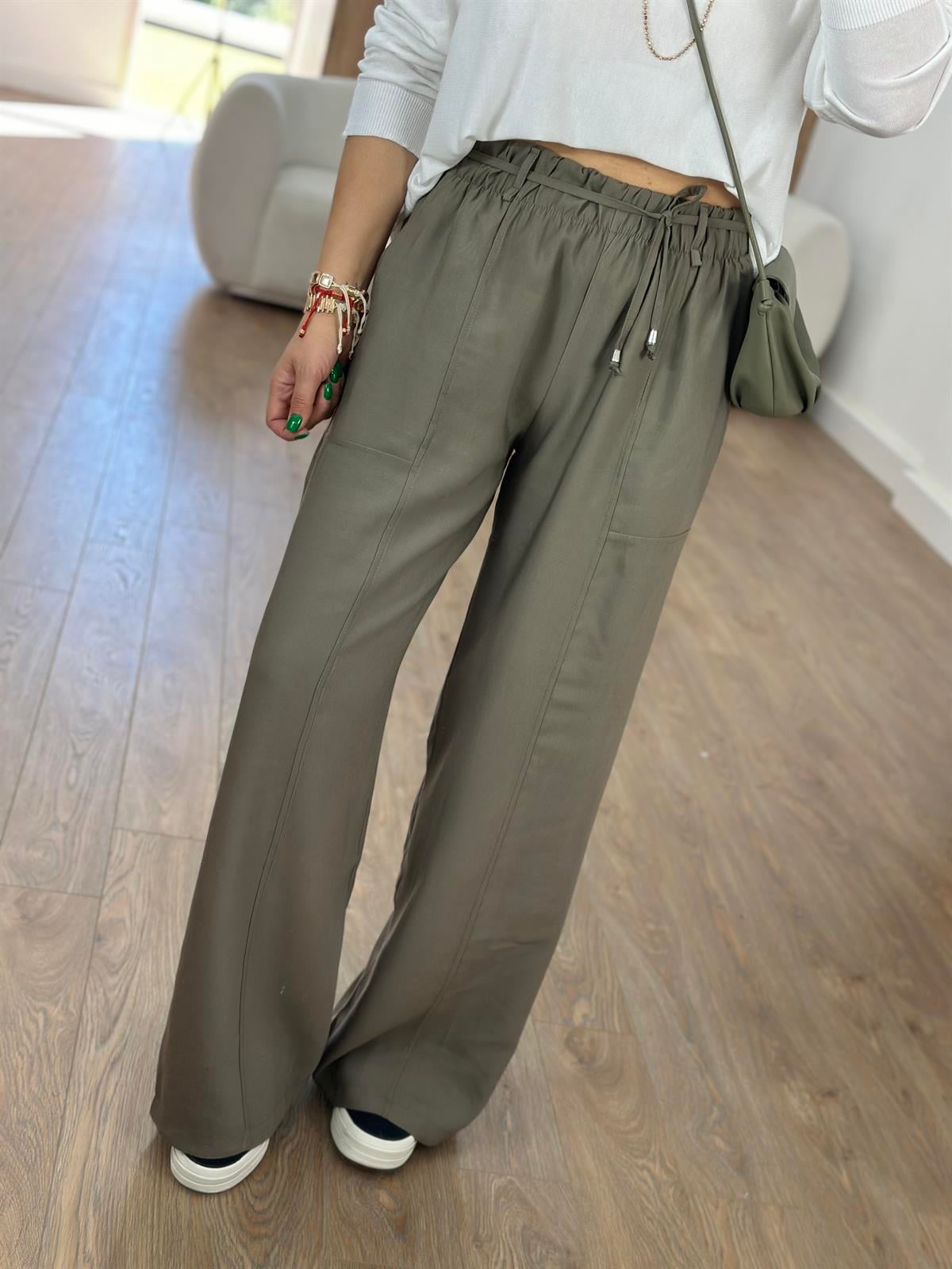 Beli Kemerli Bol Paça Modal Pantolon-Haki