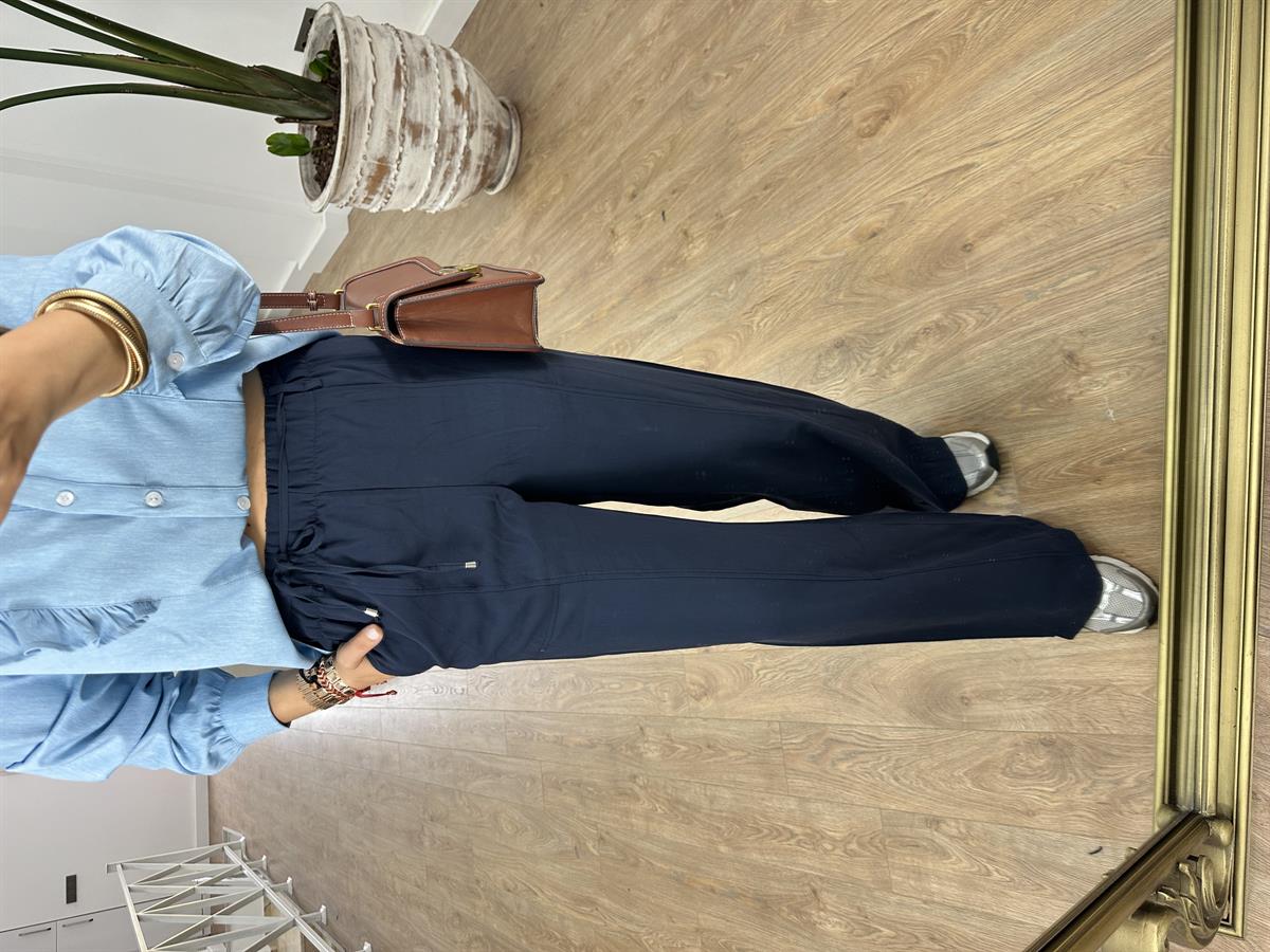 Beli Kemerli Bol Paça Modal Pantolon-Lacivert