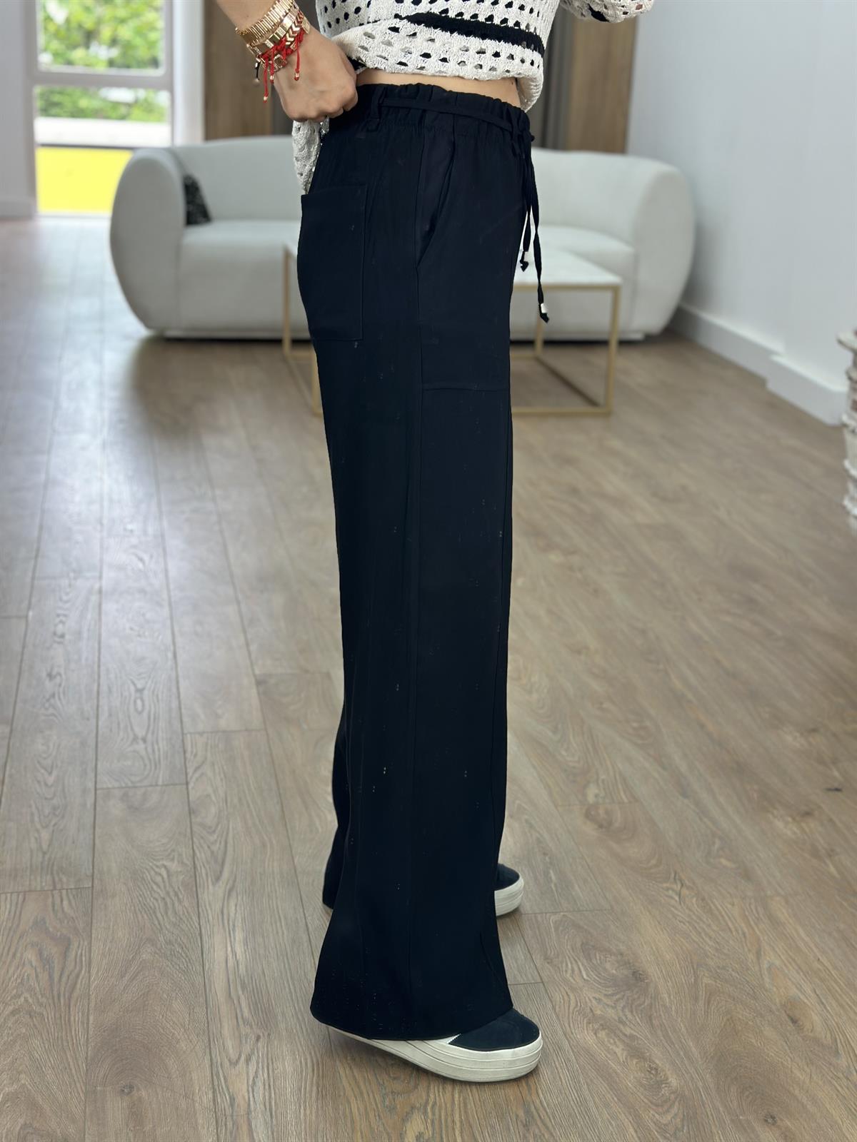 Beli Kemerli Bol Paça Modal Pantolon-Siyah