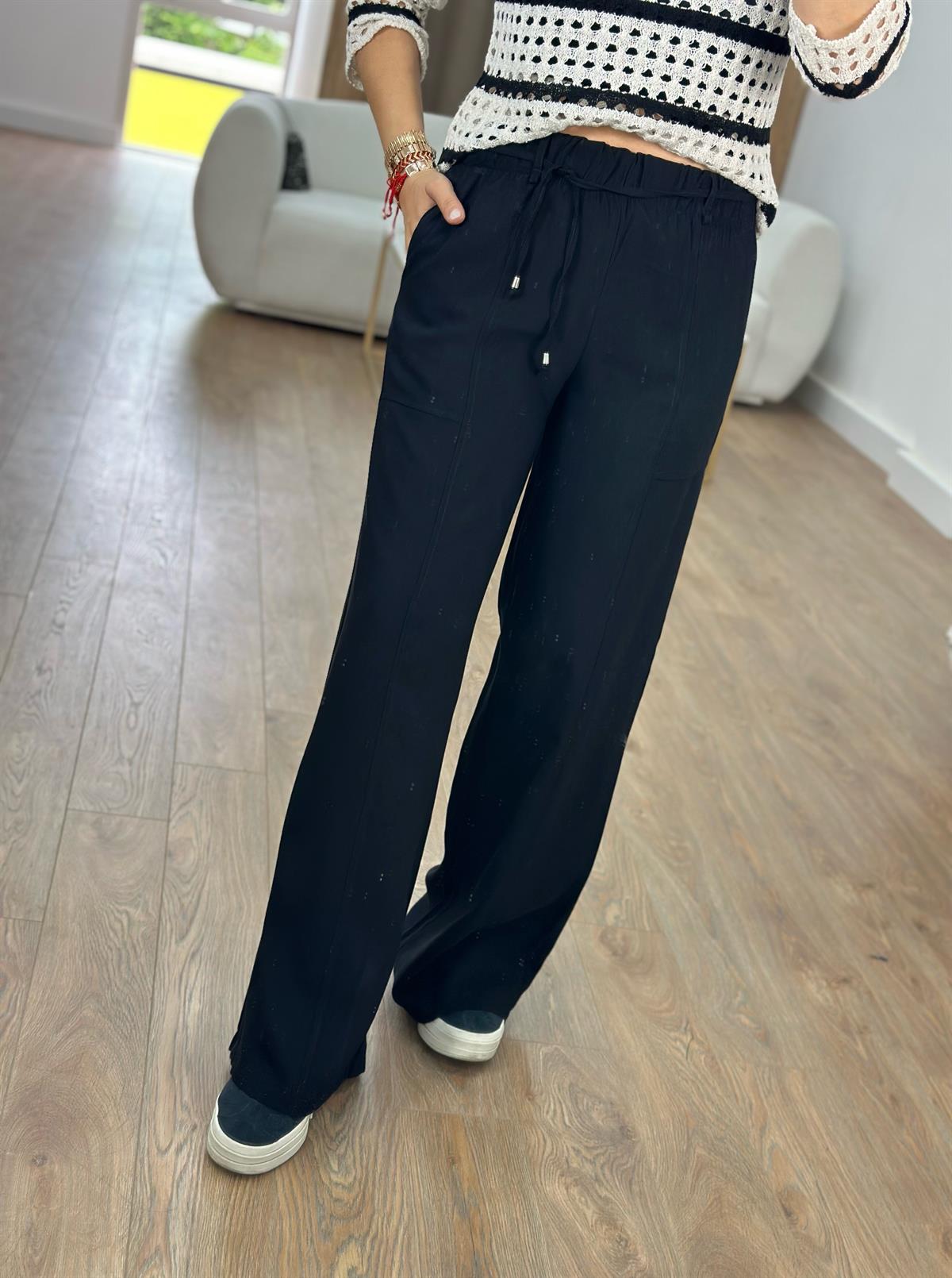 Beli Kemerli Bol Paça Modal Pantolon-Siyah