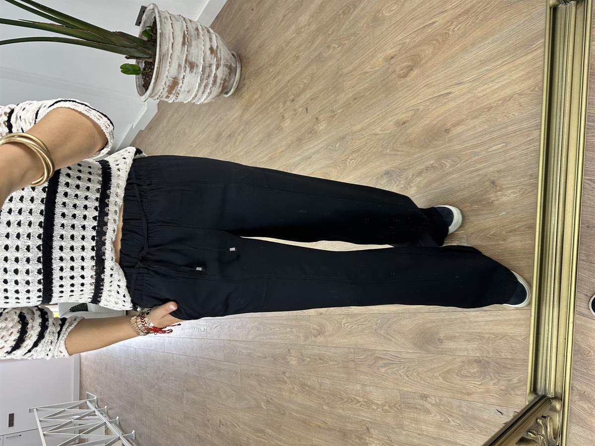 Beli Kemerli Bol Paça Modal Pantolon-Siyah