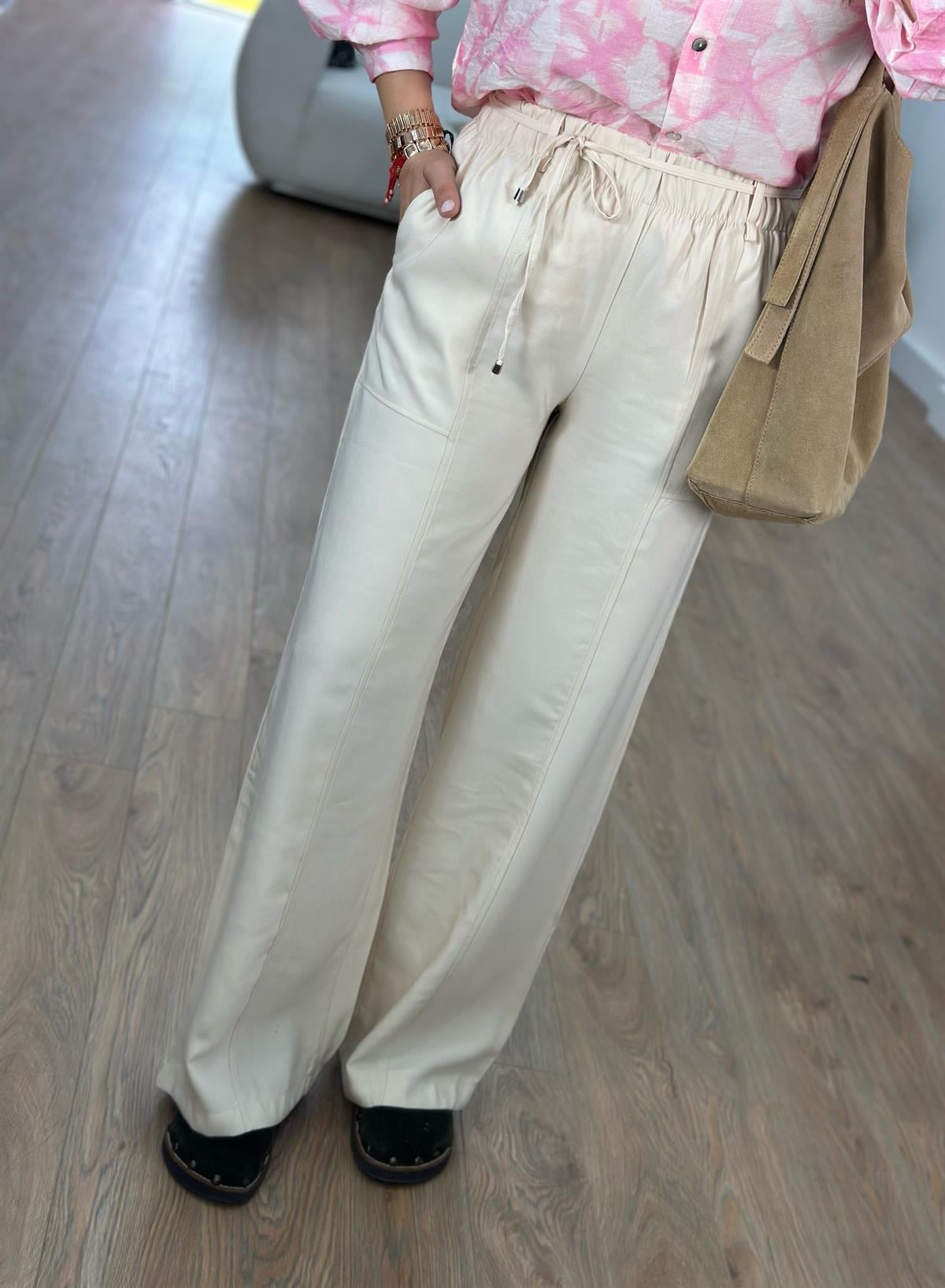 Beli Kemerli Bol Paça Modal Pantolon-Taş