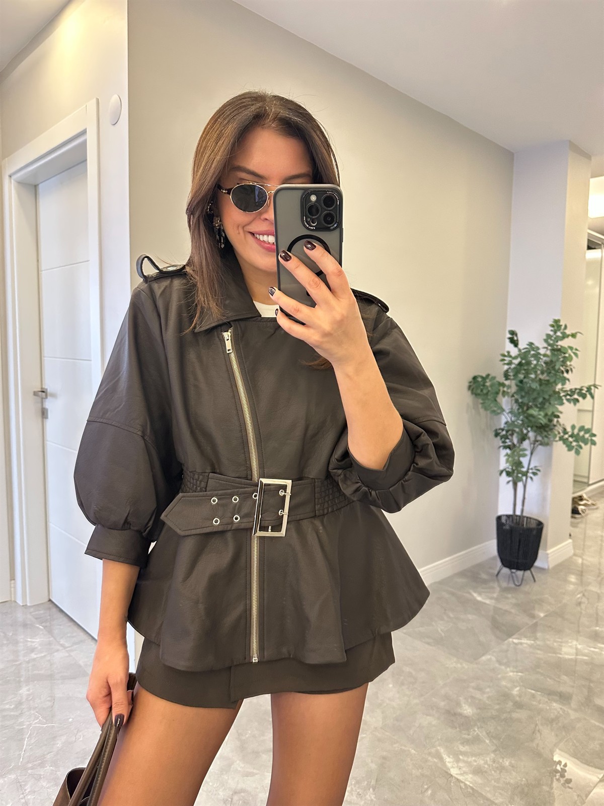 Astarlı Beli Kemerli Deri Ceket - Kahveregi