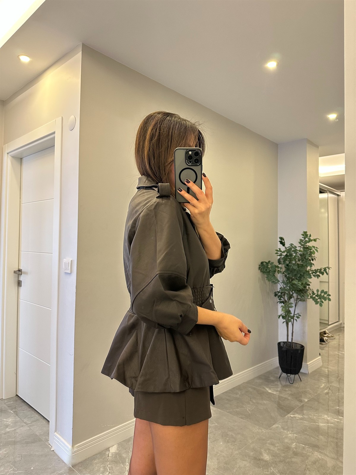 Astarlı Beli Kemerli Deri Ceket - Kahveregi