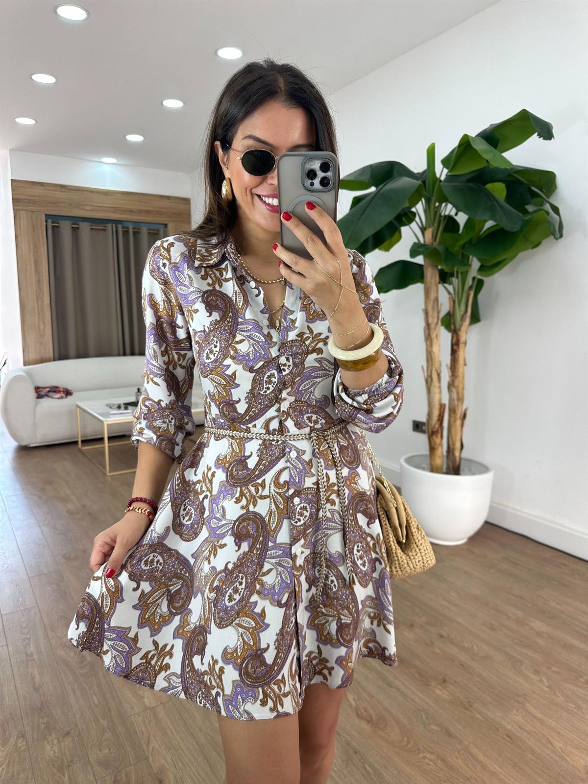 Beli Kemerli Desenli Gömlek Elbise