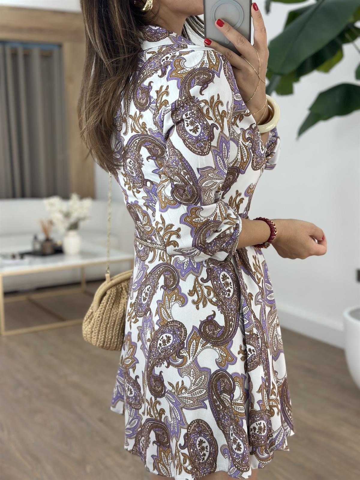 Beli Kemerli Desenli Gömlek Elbise