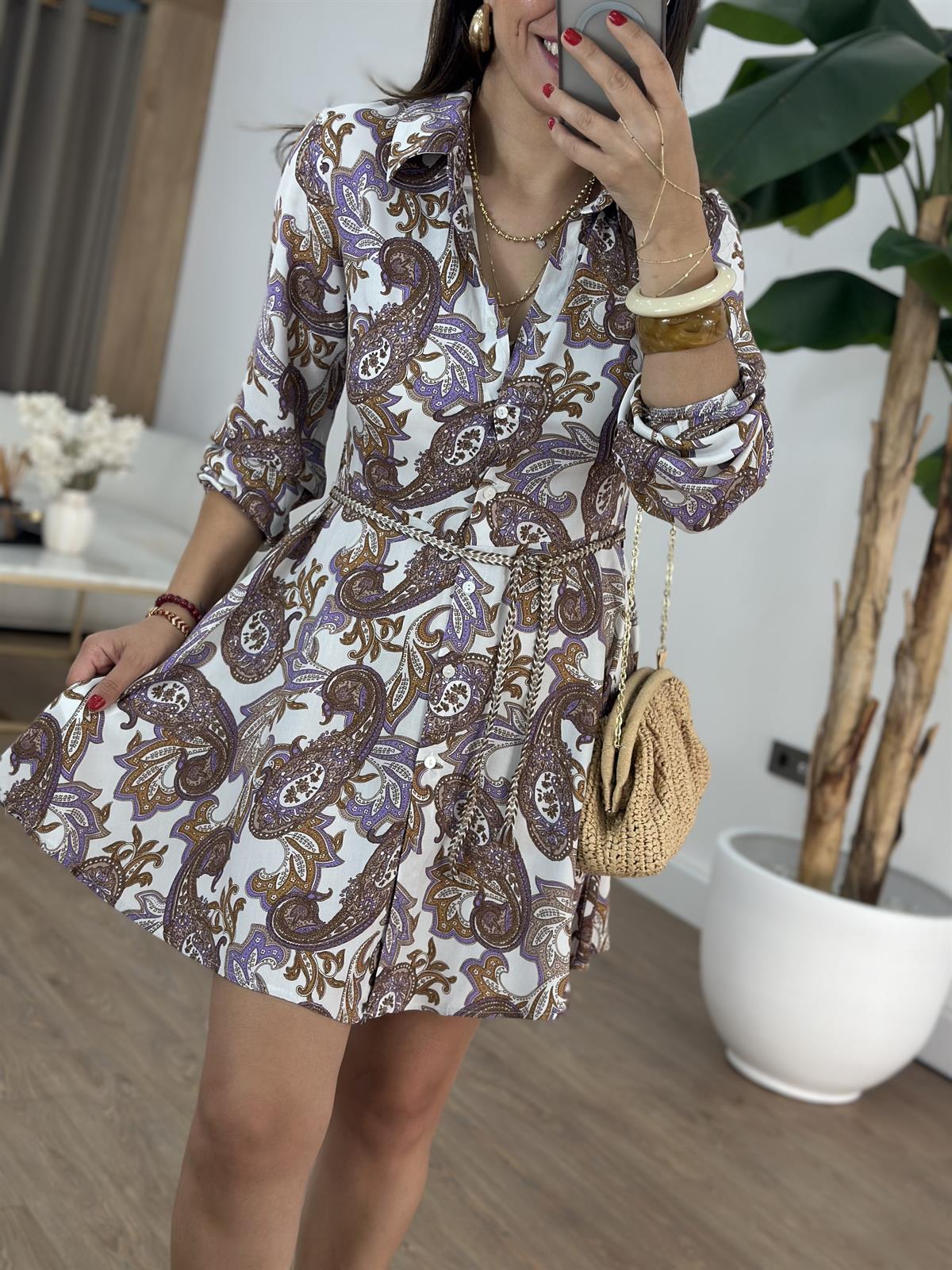 Beli Kemerli Desenli Gömlek Elbise