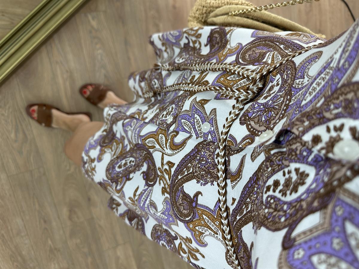 Beli Kemerli Desenli Gömlek Elbise