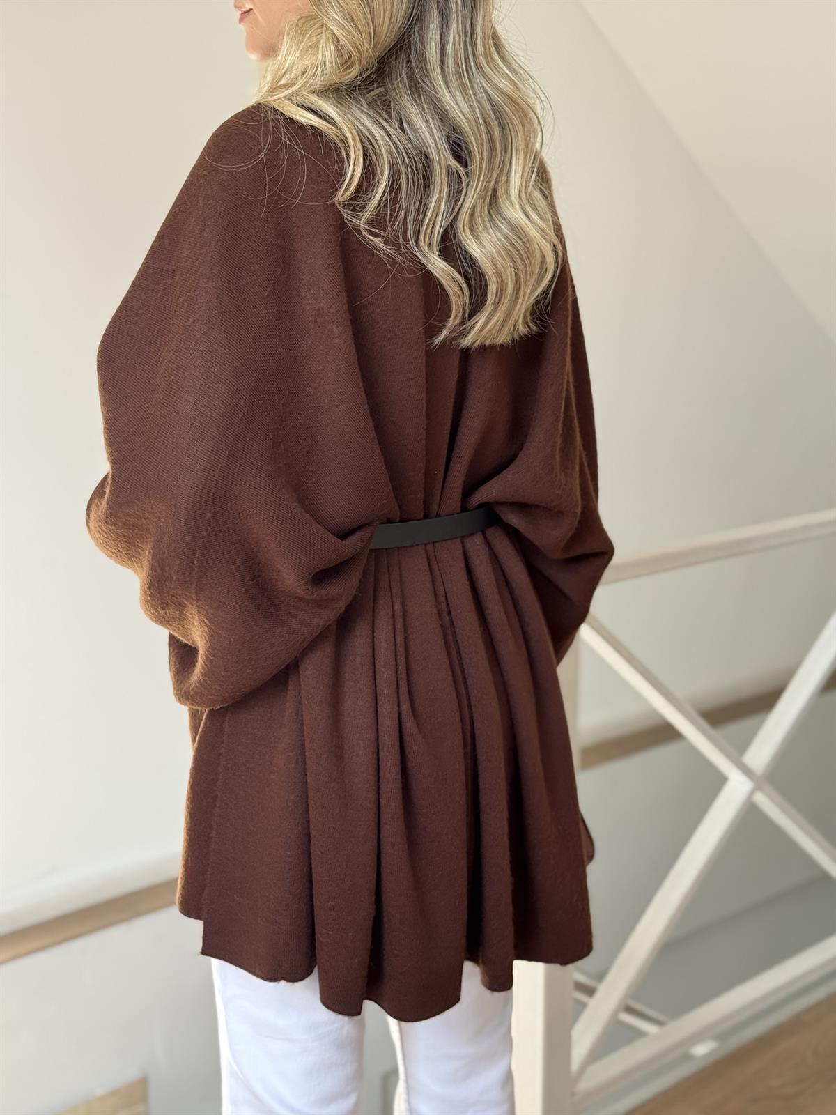 Beli Kemerli Triko Şal Bluz - Kahverengi 