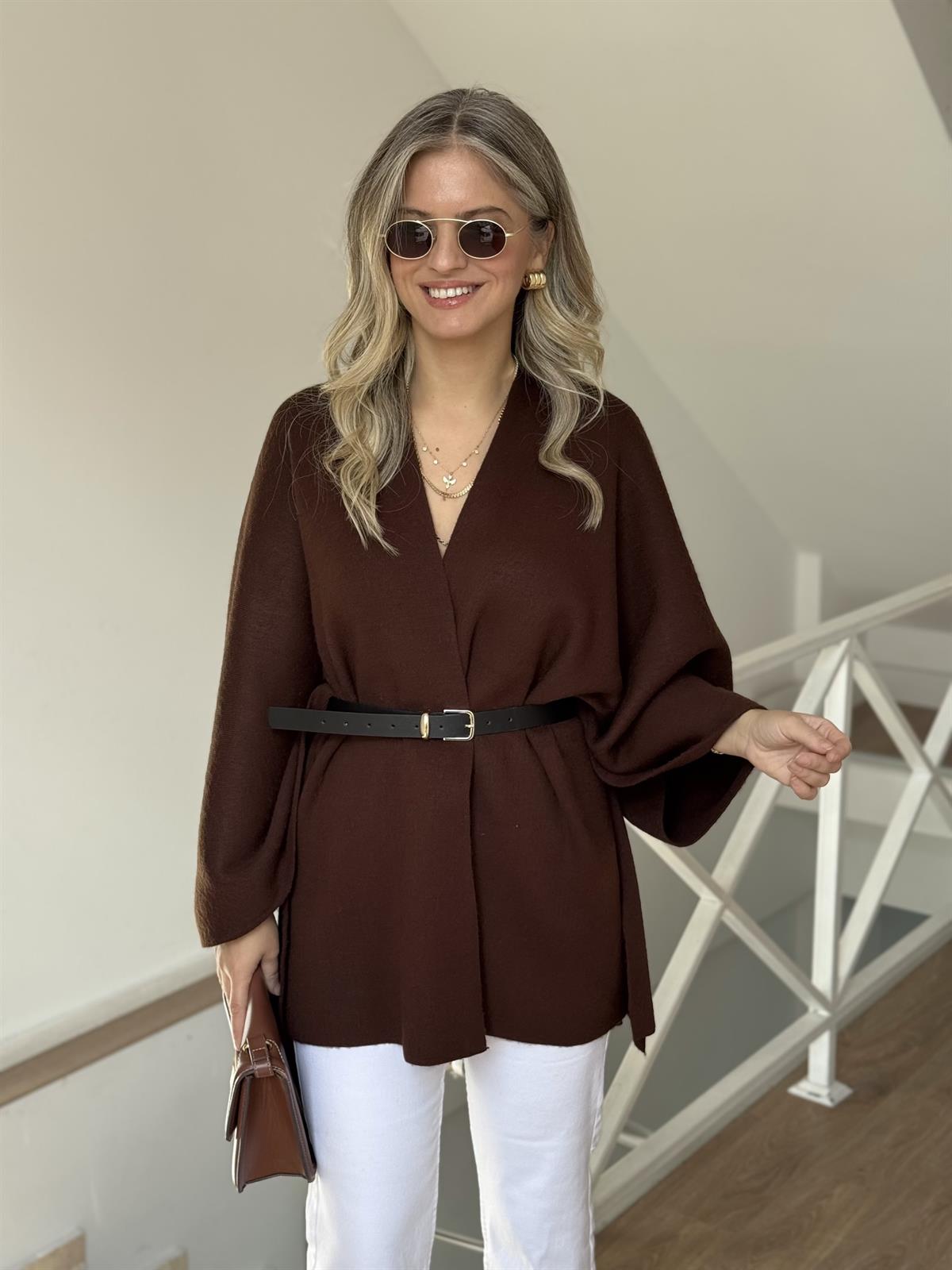 Beli Kemerli Triko Şal Bluz - Kahverengi 