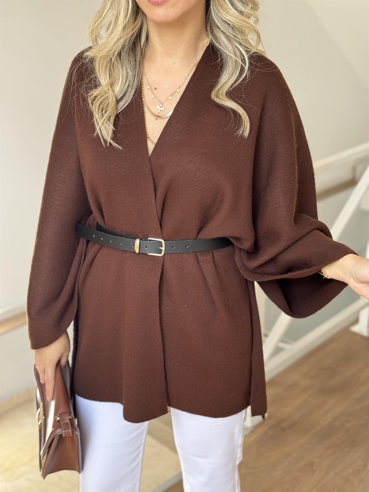 Beli Kemerli Triko Şal Bluz - Kahverengi 