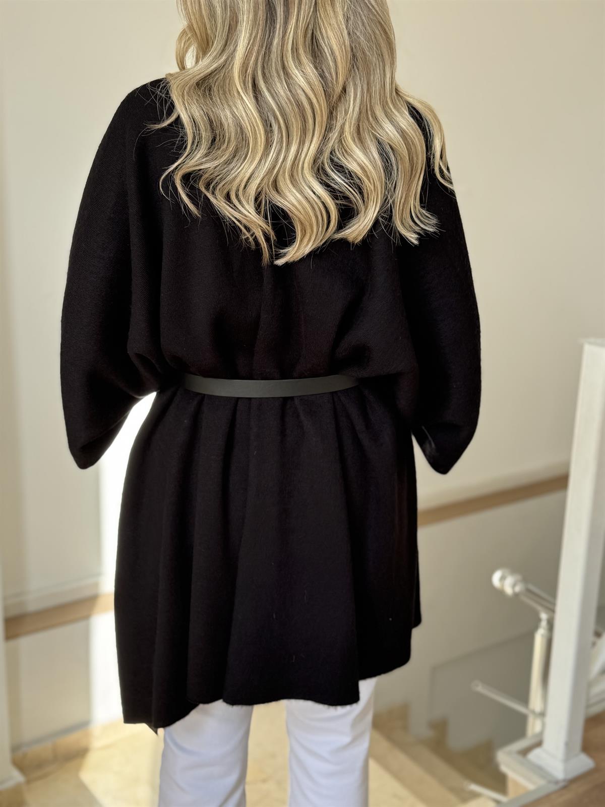 Beli Kemerli Triko Şal Bluz - Siyah 