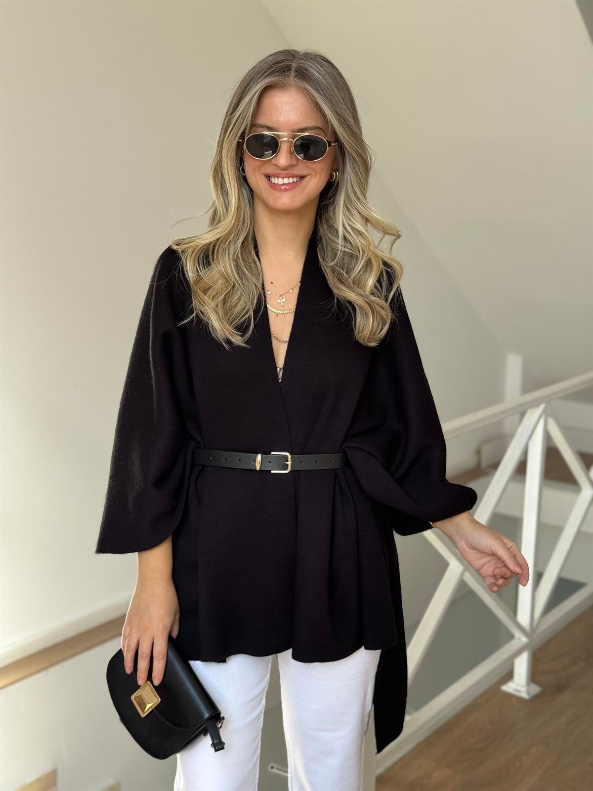 Beli Kemerli Triko Şal Bluz - Siyah 