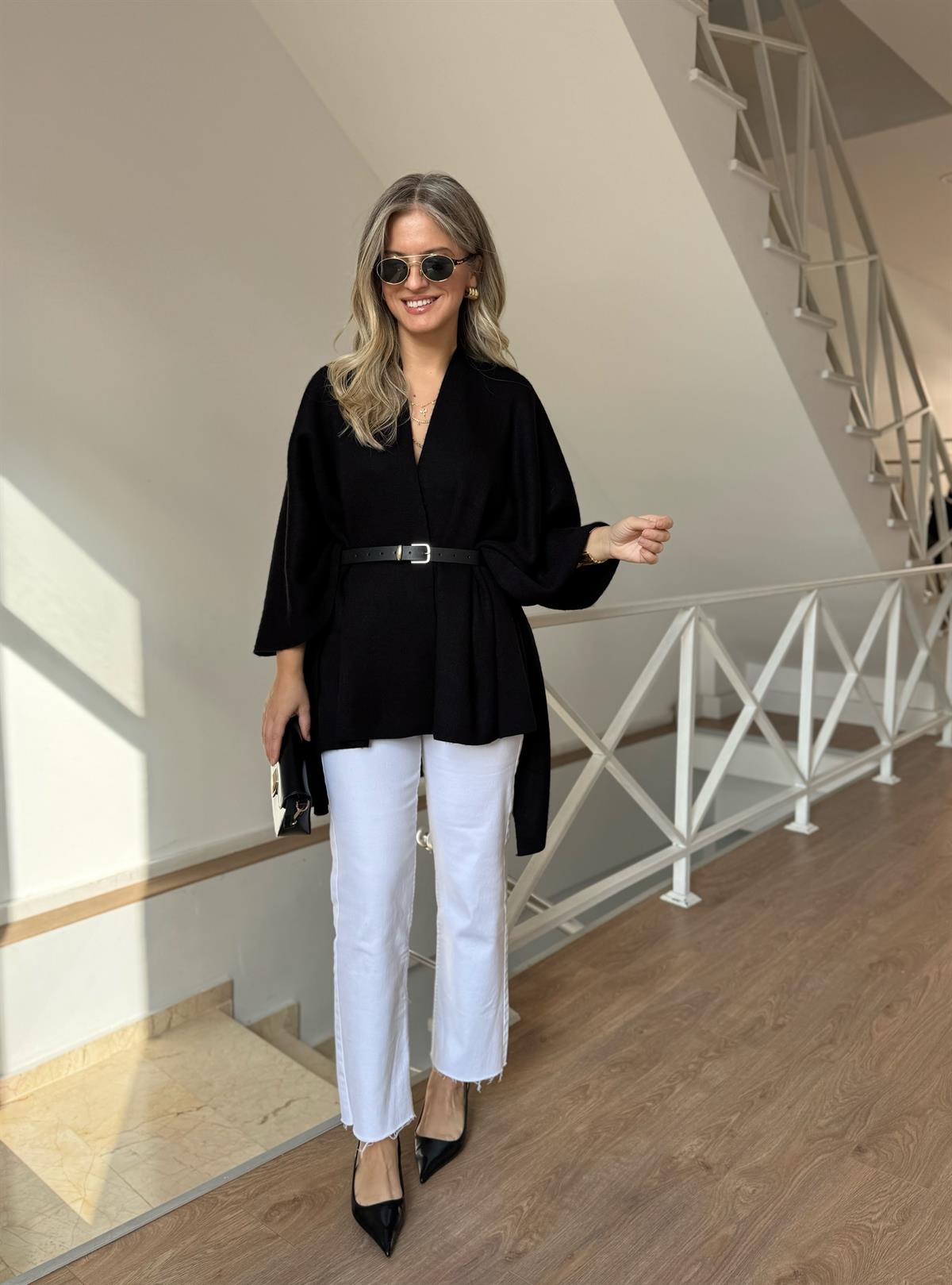 Beli Kemerli Triko Şal Bluz - Siyah 