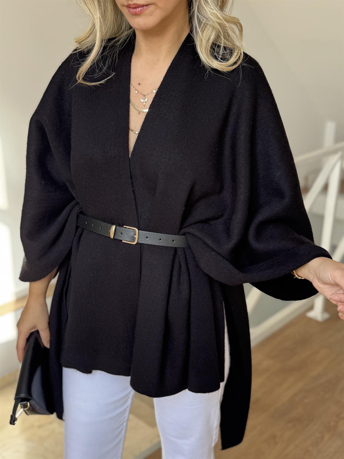 Beli Kemerli Triko Şal Bluz - Siyah 