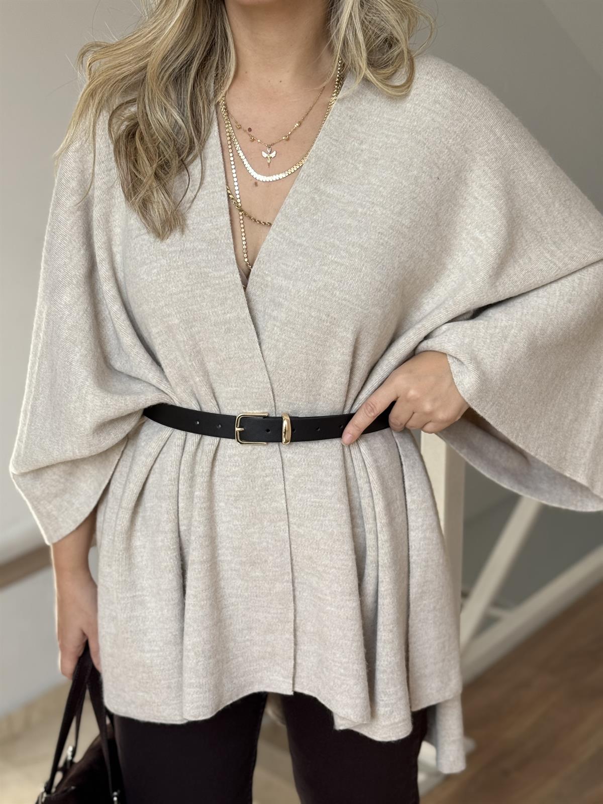 Beli Kemerli Triko Şal Bluz - Taş 