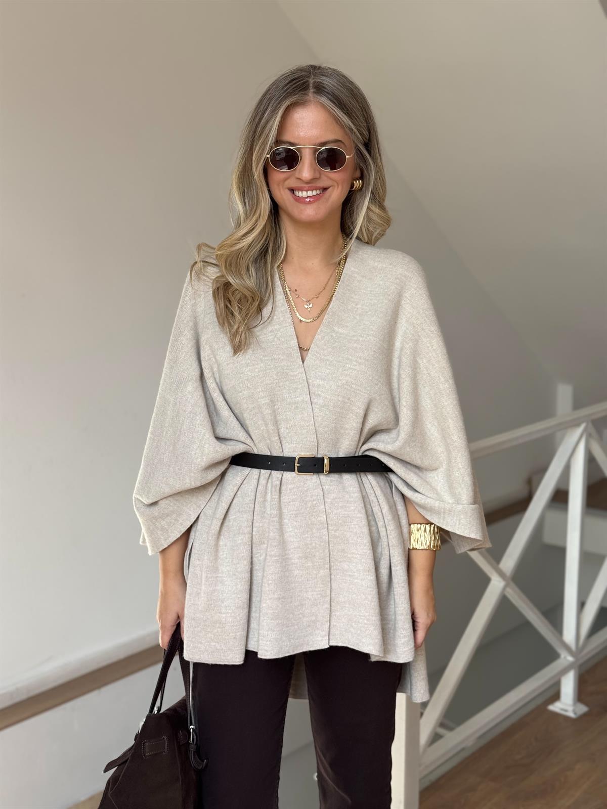 Beli Kemerli Triko Şal Bluz - Taş 