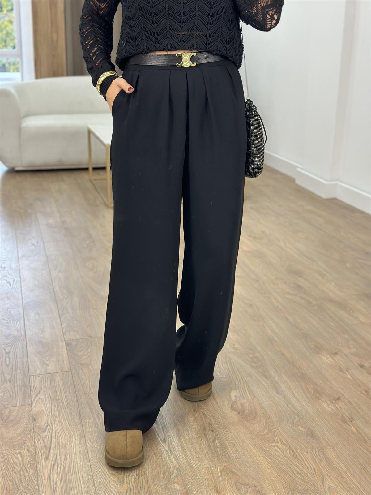 Beli Kemerli Yandan Fermuarlı Palazzo Pantolon-Siyah