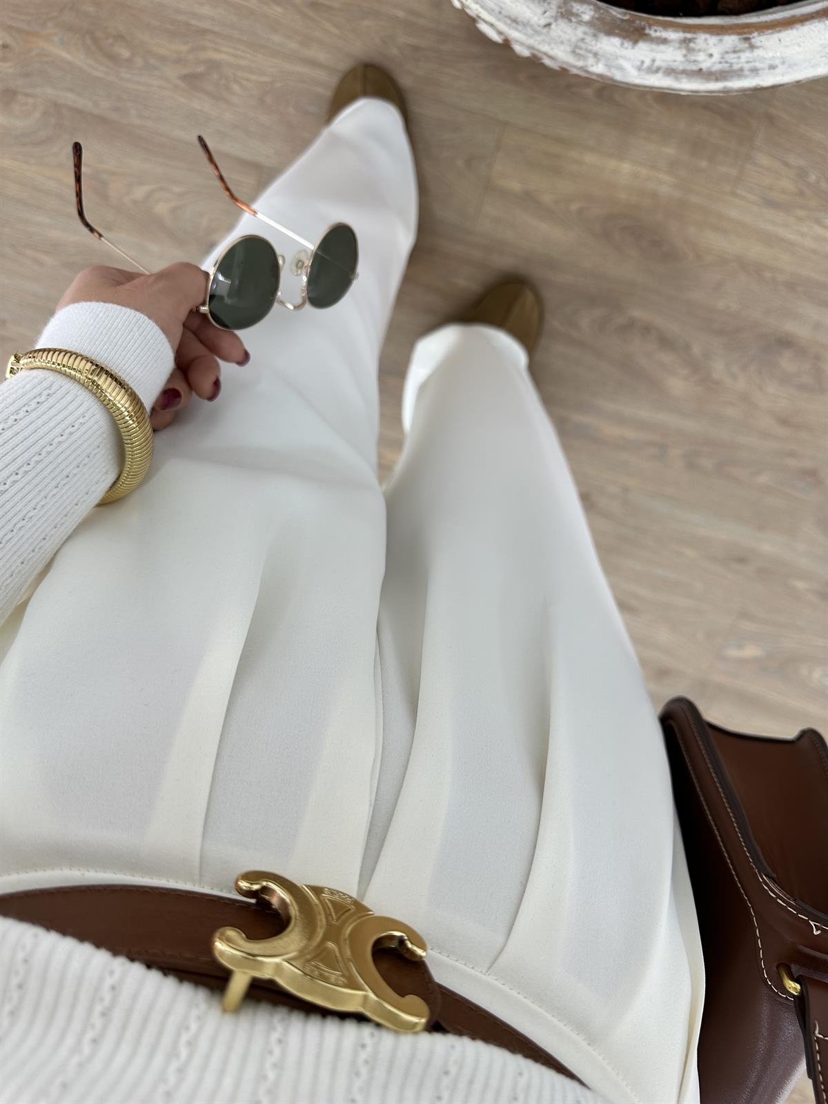 Beli Kemerli Yandan Fermuarlı Palazzo Pantolon-Taş