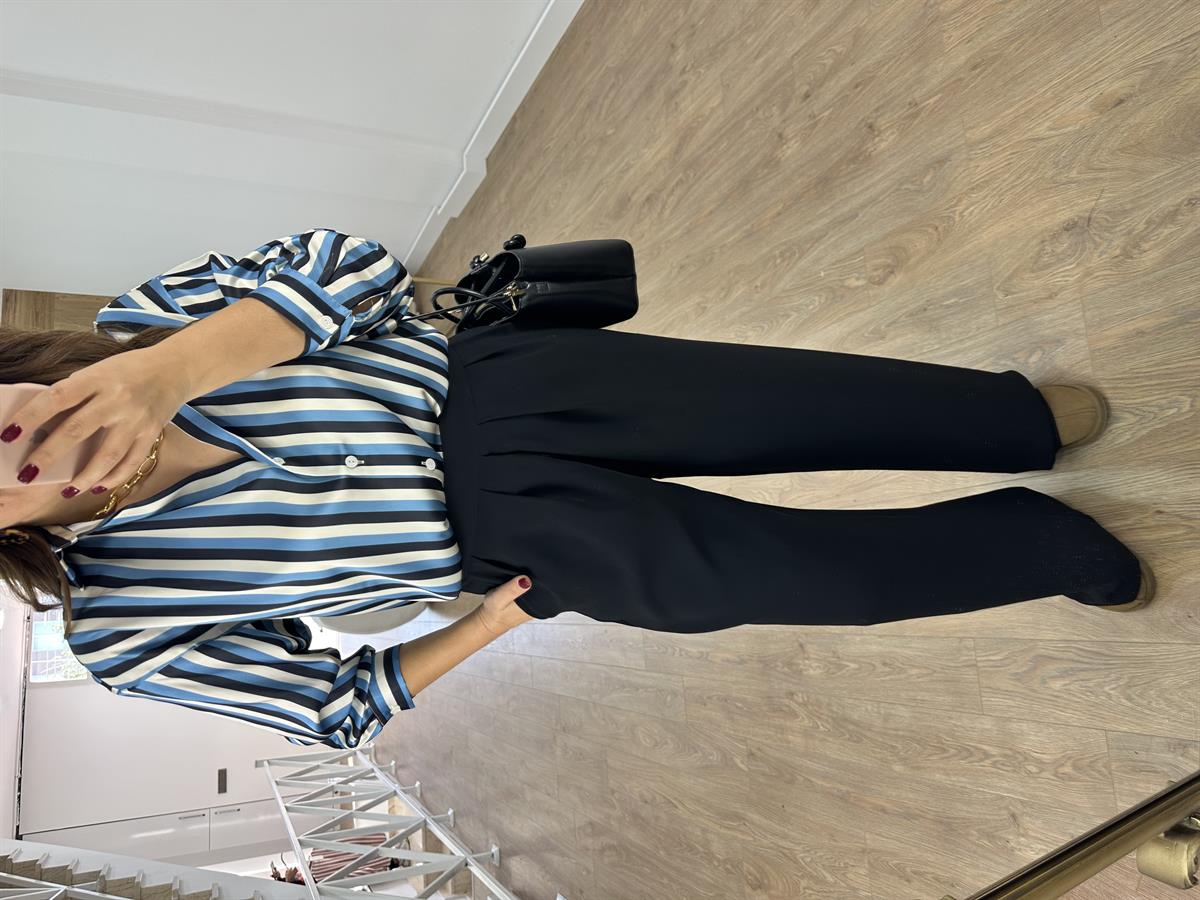 Beli Kemerli Yandan Fermuarlı Palazzo Pantolon-Siyah