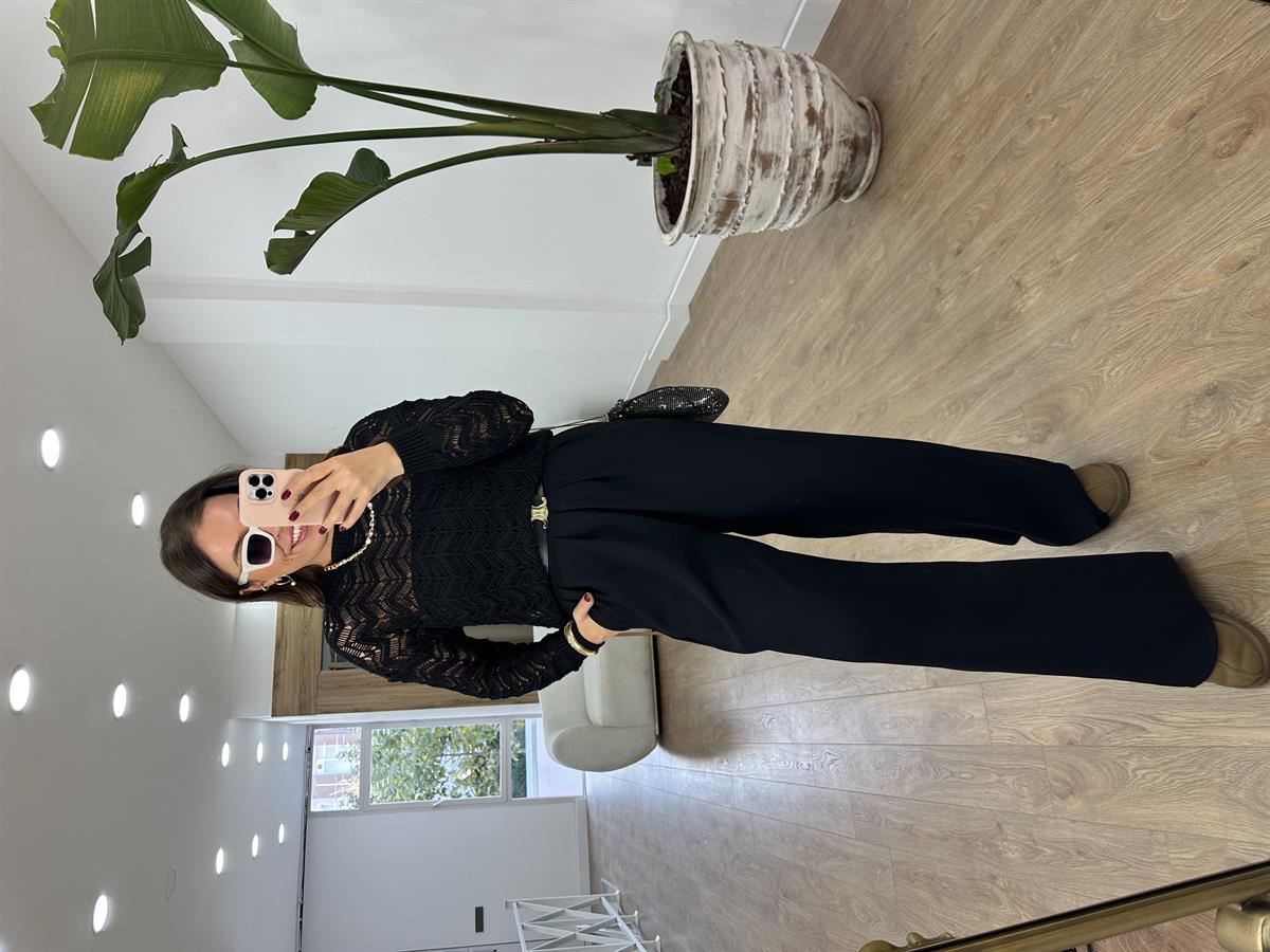 Beli Kemerli Yandan Fermuarlı Palazzo Pantolon-Siyah