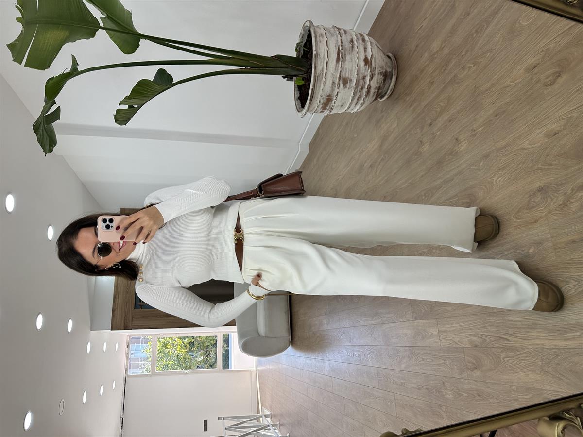 Beli Kemerli Yandan Fermuarlı Palazzo Pantolon-Taş