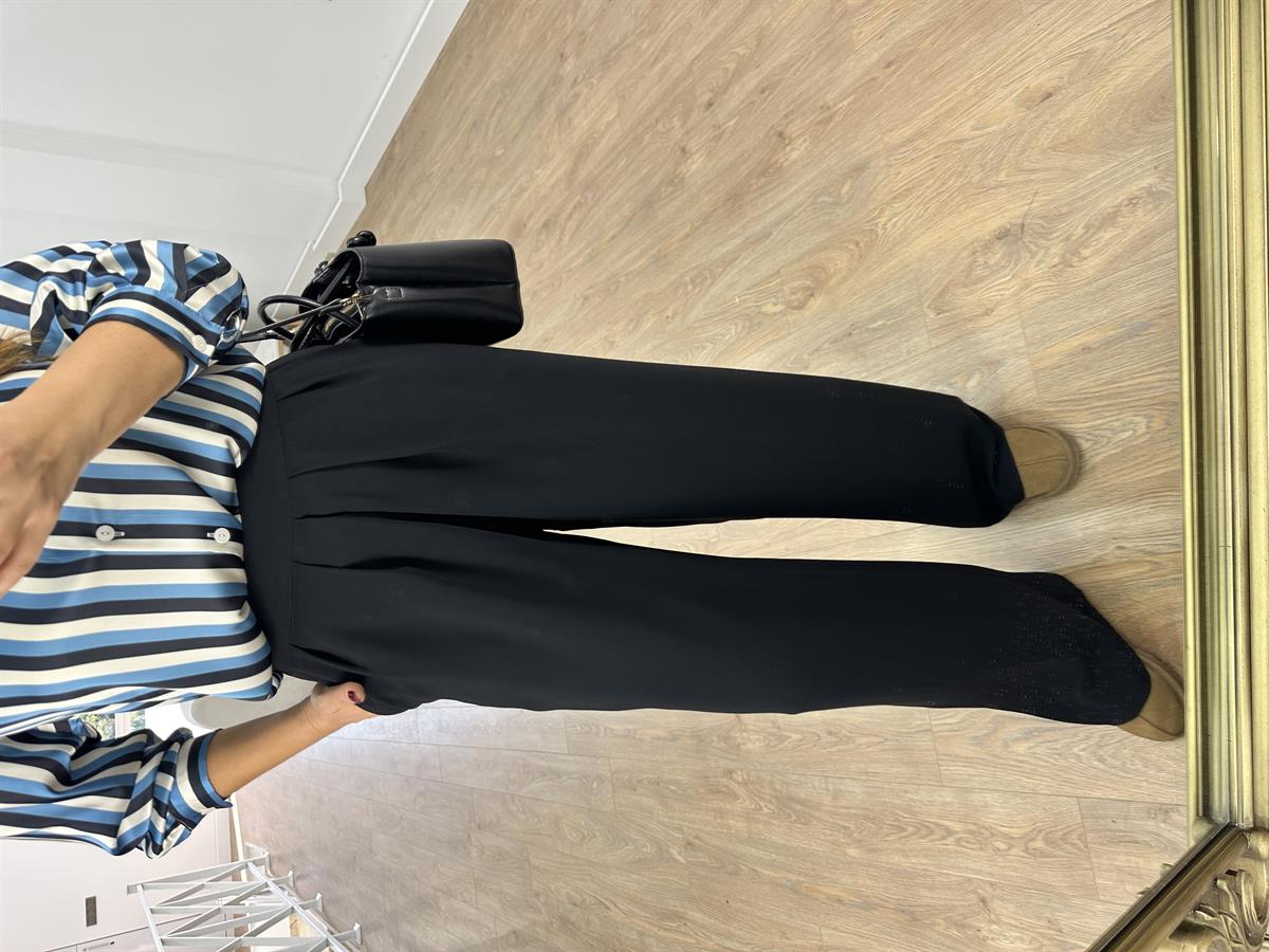 Beli Kemerli Yandan Fermuarlı Palazzo Pantolon-Siyah