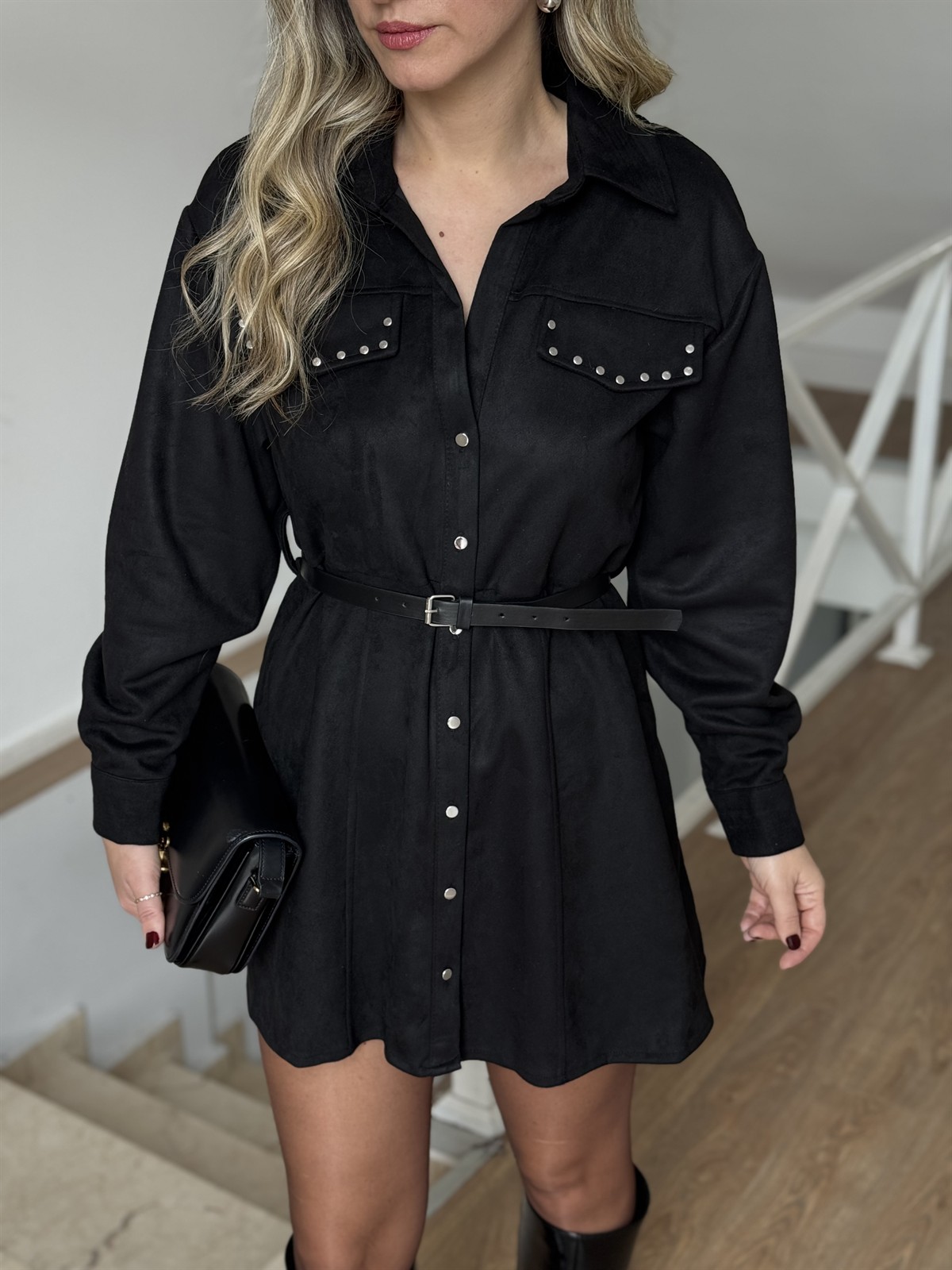 Beli Kemerli Zımbalı Süet Elbise 