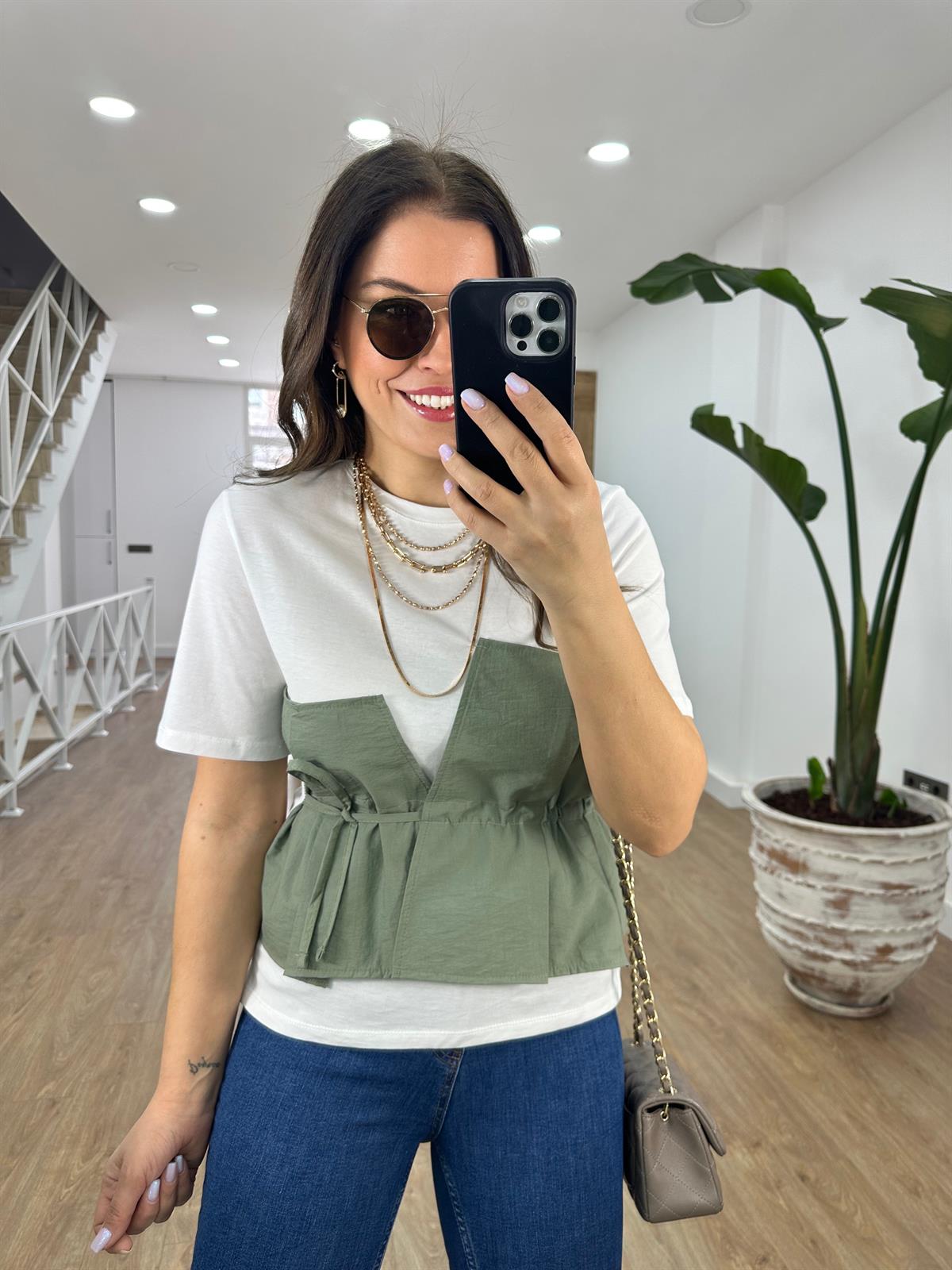 Beli Korsajlı Tasarım Tişört-Haki
