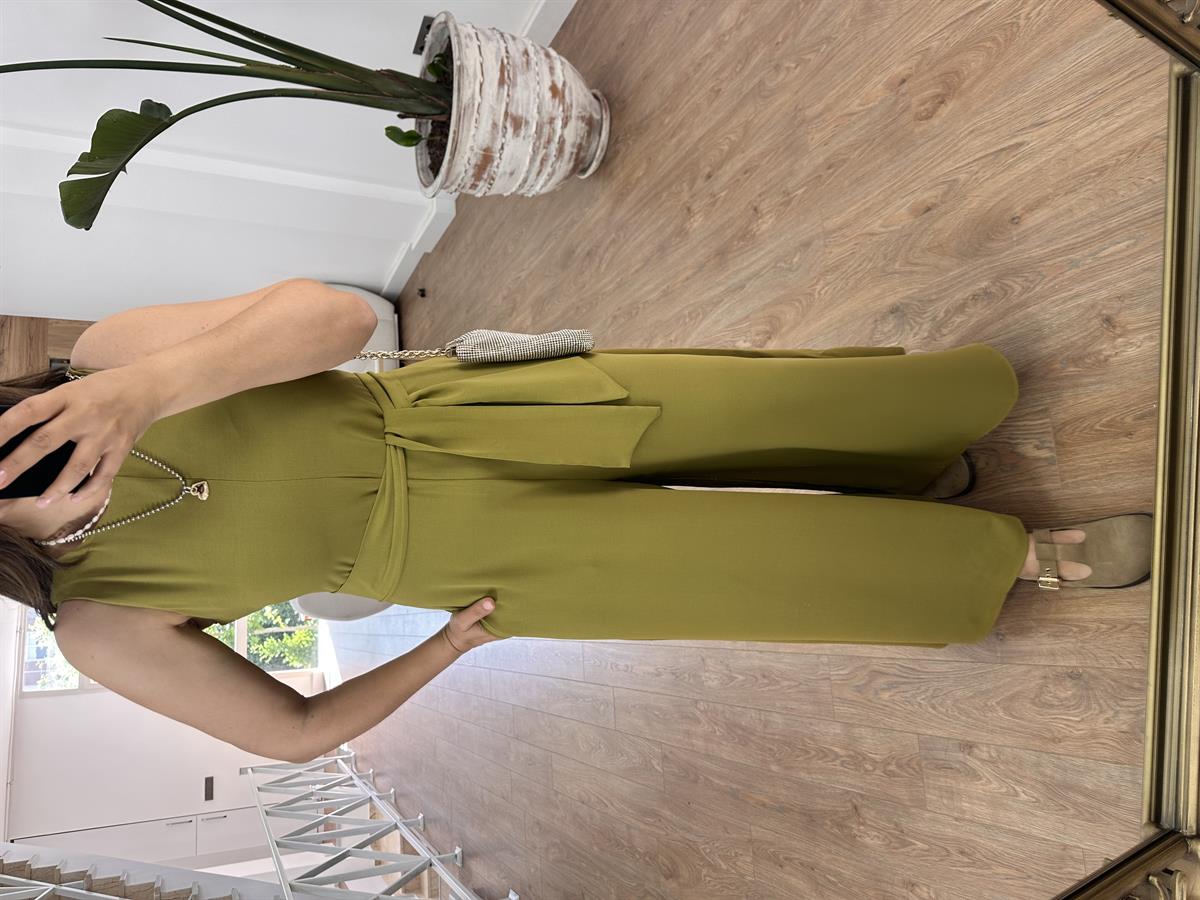 Beli Kuşaklı Bol Paça Krep Kumaş-Olive