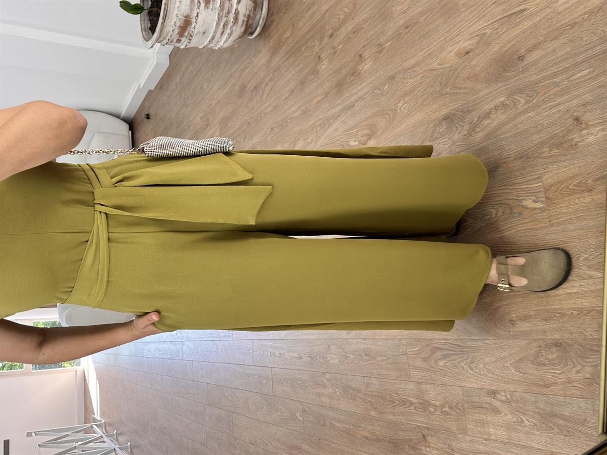 Beli Kuşaklı Bol Paça Krep Kumaş-Olive