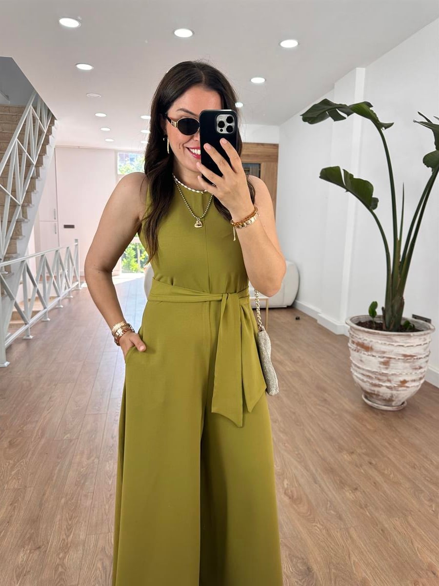 Beli Kuşaklı Bol Paça Krep Kumaş-Olive