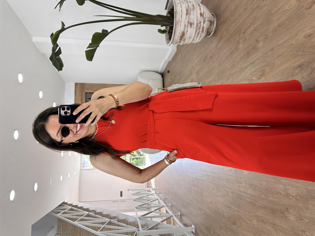 Beli Kuşaklı Bol Paça Krep Tulum-Kırmızı