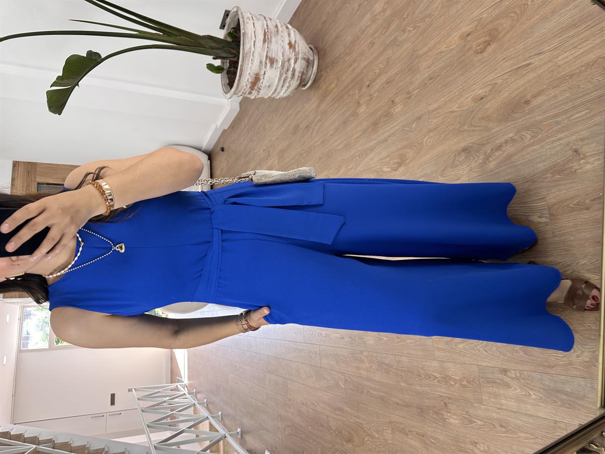 Beli Kuşaklı Bol Paça Krep Tulum-Mavi