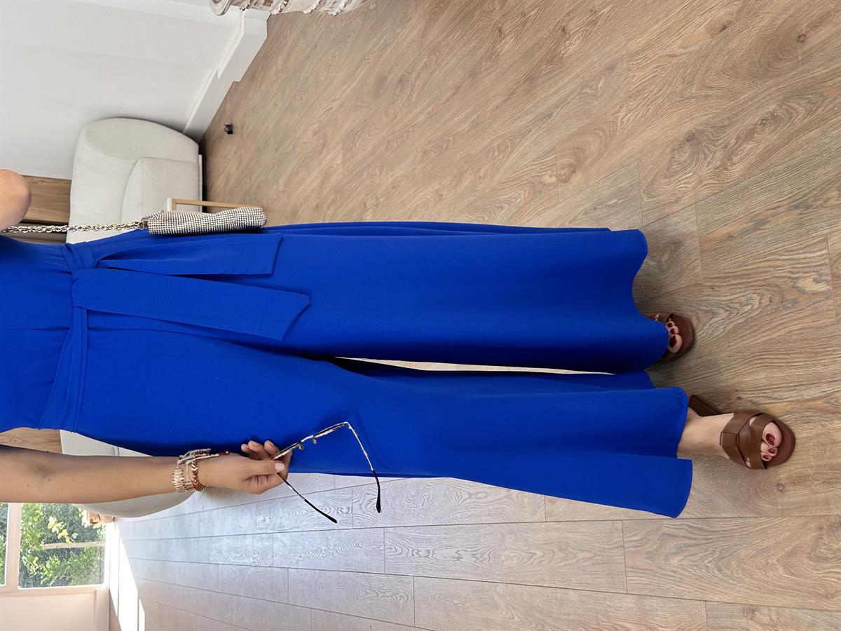 Beli Kuşaklı Bol Paça Krep Tulum-Mavi