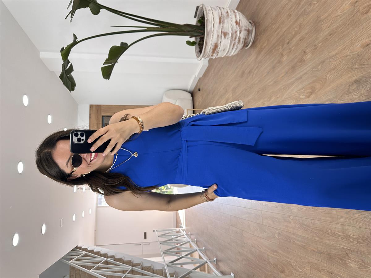 Beli Kuşaklı Bol Paça Krep Tulum-Mavi