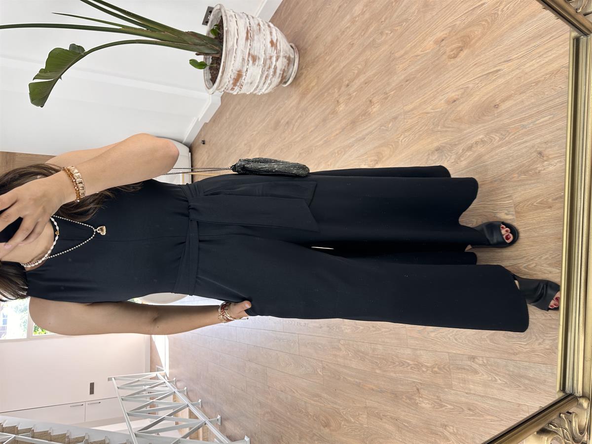 Beli Kuşaklı Bol Paça Krep Tulum-Siyah