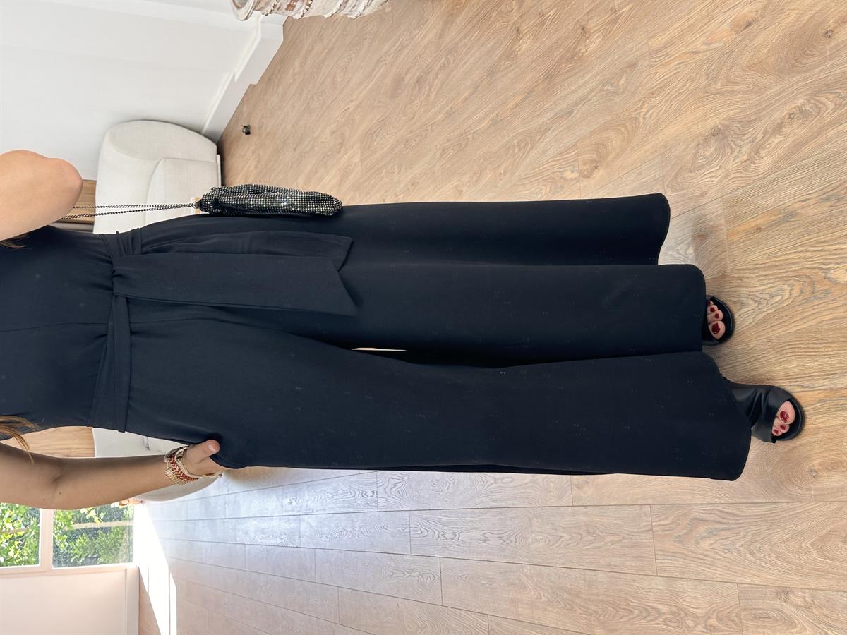 Beli Kuşaklı Bol Paça Krep Tulum-Siyah