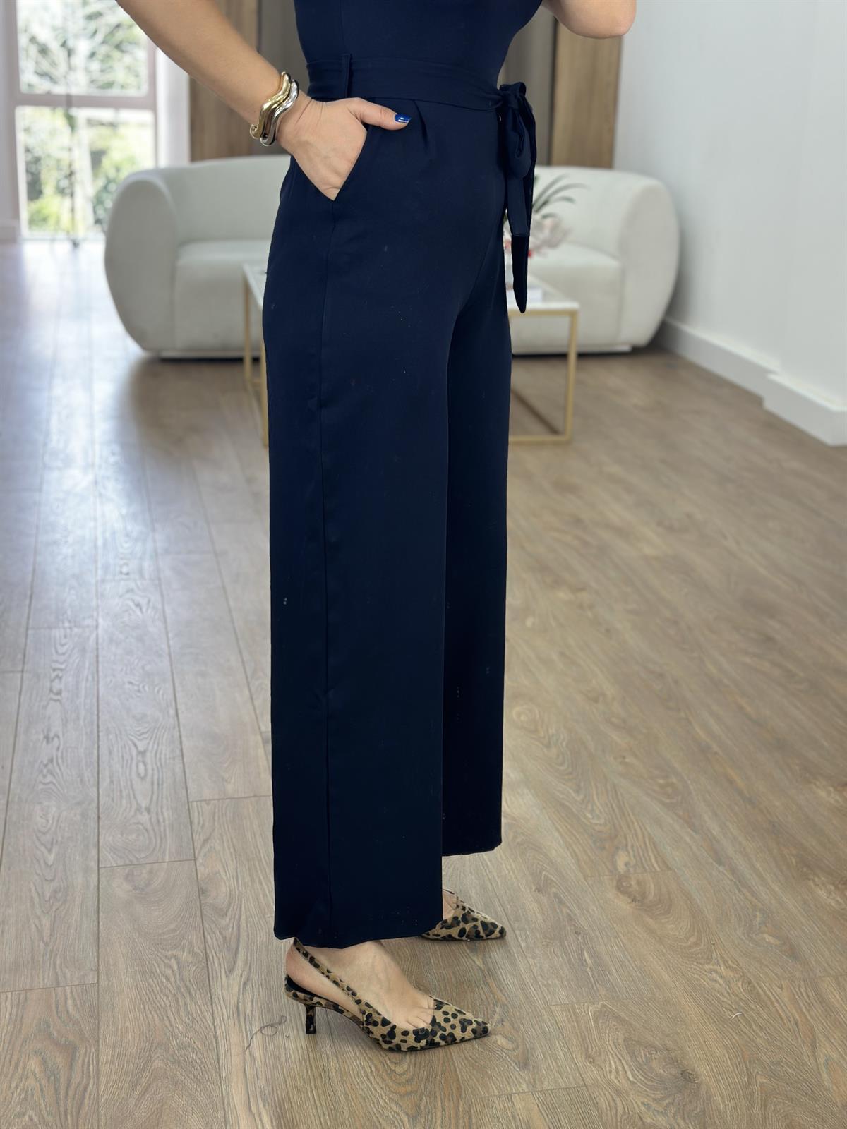 Beli Kuşaklı Bol Paça Tulum-Lacivert