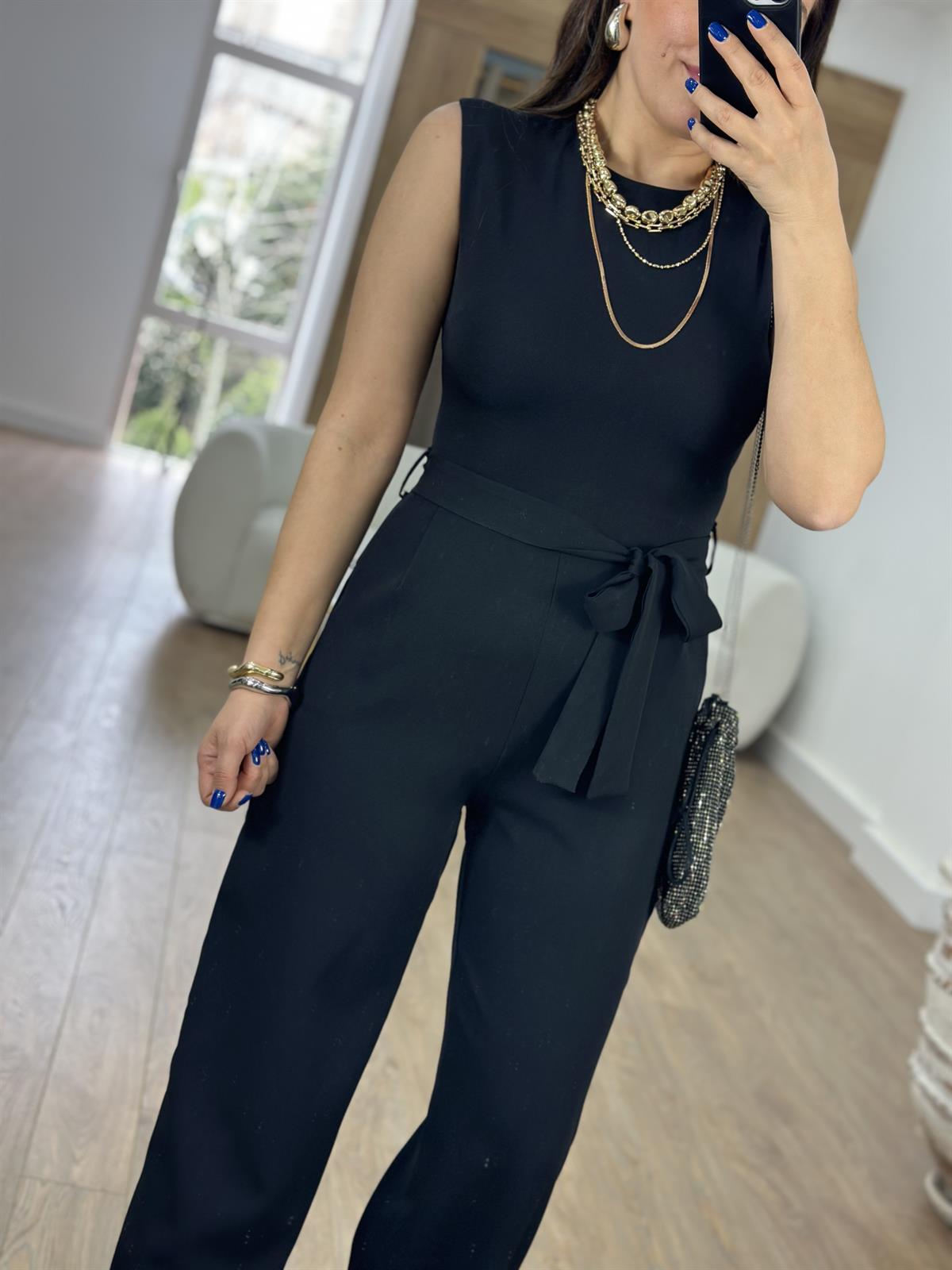 Beli Kuşaklı Bol Paça Tulum-Siyah