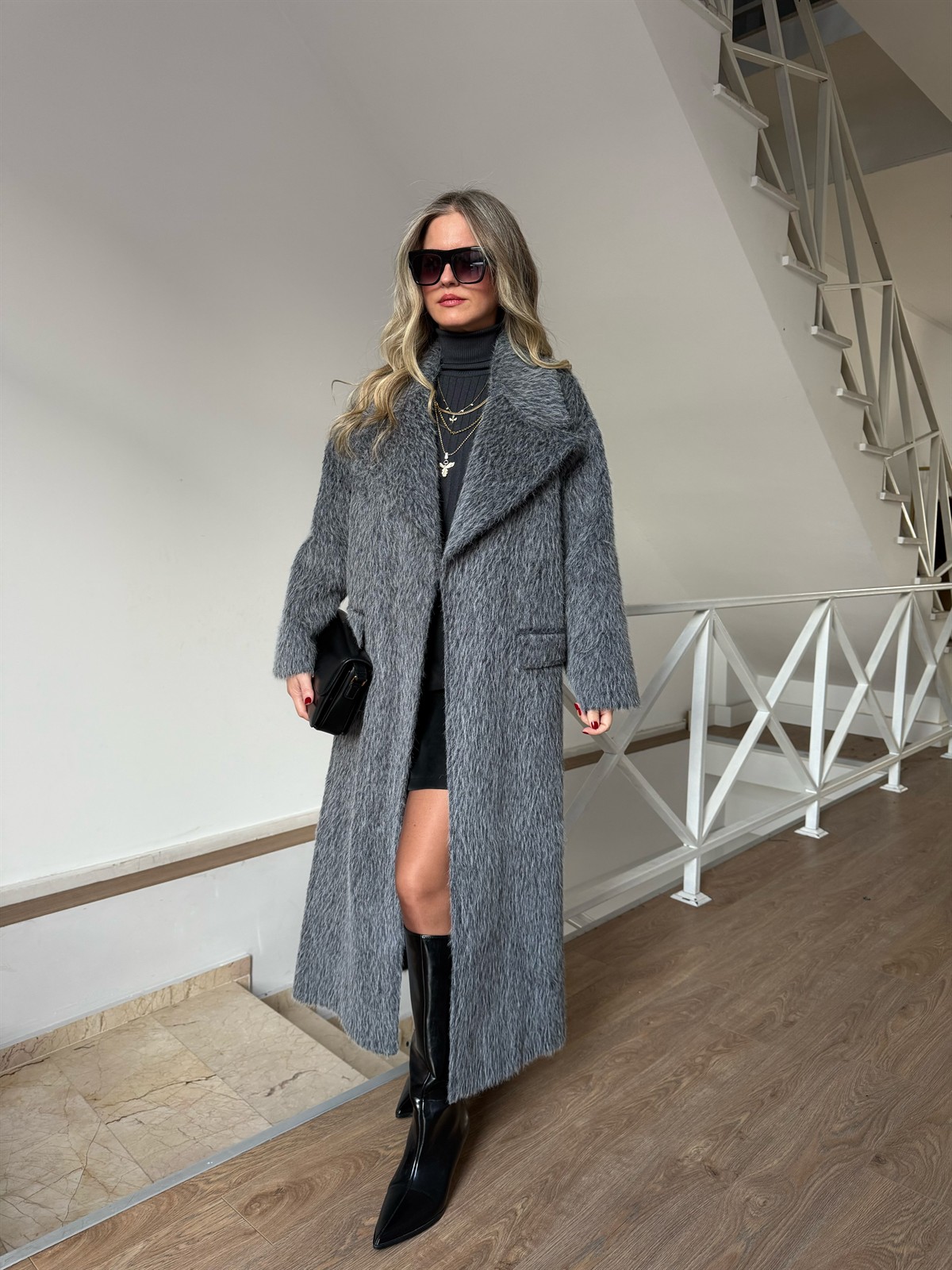 Beli Kuşaklı Cepli Premium Yünlü Kaban - Gri