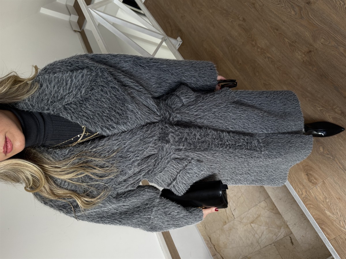 Beli Kuşaklı Cepli Premium Yünlü Kaban - Gri