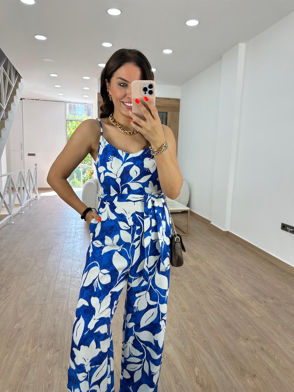 Beli Kuşaklı Çiçekli Keten Tulum-Saks