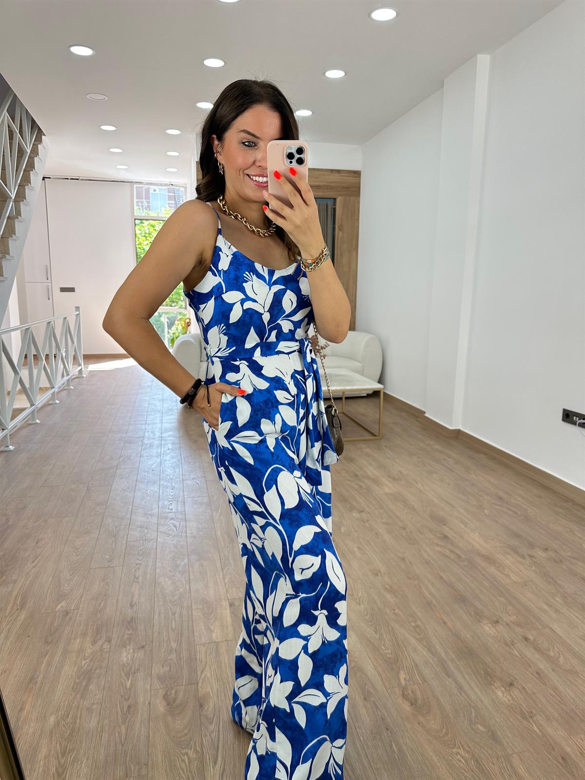 Beli Kuşaklı Çiçekli Keten Tulum-Saks