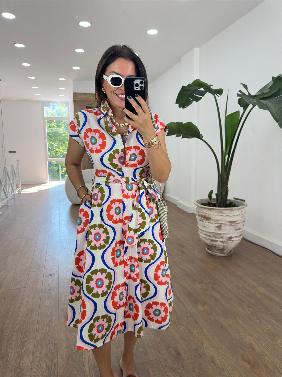 Beli Kuşaklı Çiçekli Poplin Elbise